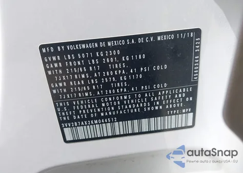 2019 Volkswagen Tiguan 2.0T Se/2.0T Sel/2.0T Sel R-Line/2.0T Sel R-Line Black из США, поврежденный, VIN 3VV2B7AX2KM044512